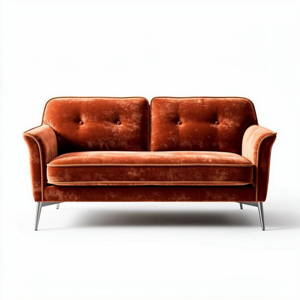 Velvet two-seater sofa in burnt orange with chrome legs measures 150 x 80 x 80cm