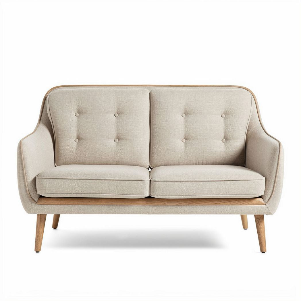 Modern two-seater sofa with beige fabric upholstery and wooden legs 150 x 75 x 85cm