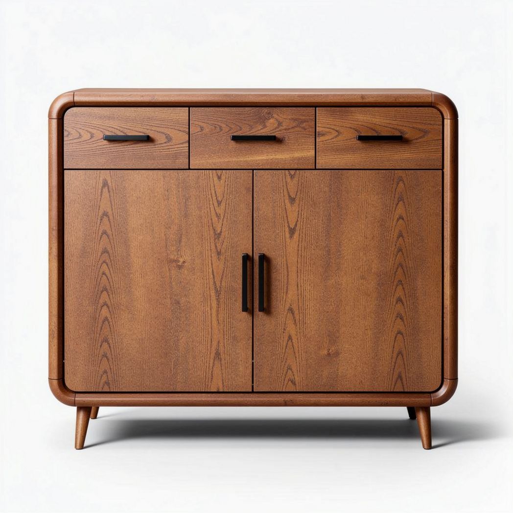 Wooden sideboard with three drawers and double doors in walnut finish 90 x 45 x 80cm
