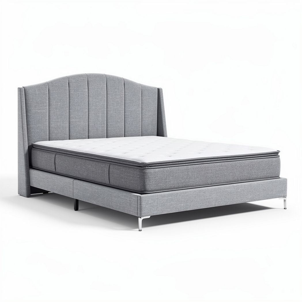 Grey upholstered bed frame with storage drawers and mattress included 200 x 160 x 100cm