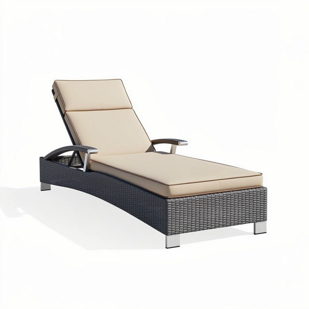 Rattan chaise lounge with adjustable backrest and cushion in beige color