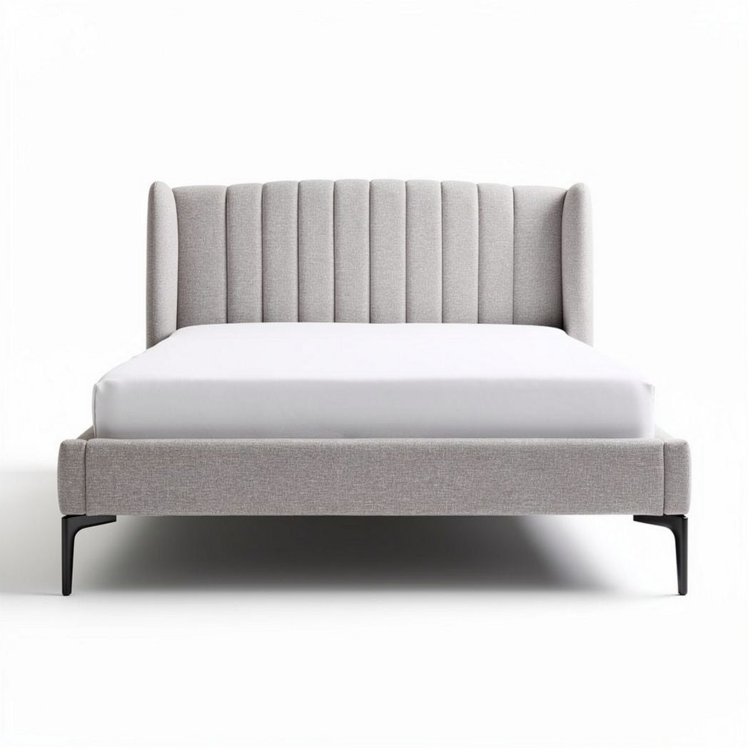 Upholstered bed frame with vertical stitching in light gray fabric 200 x 160 x 100cm