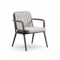 Metal frame accent chair with gray padded upholstery and wooden armrests