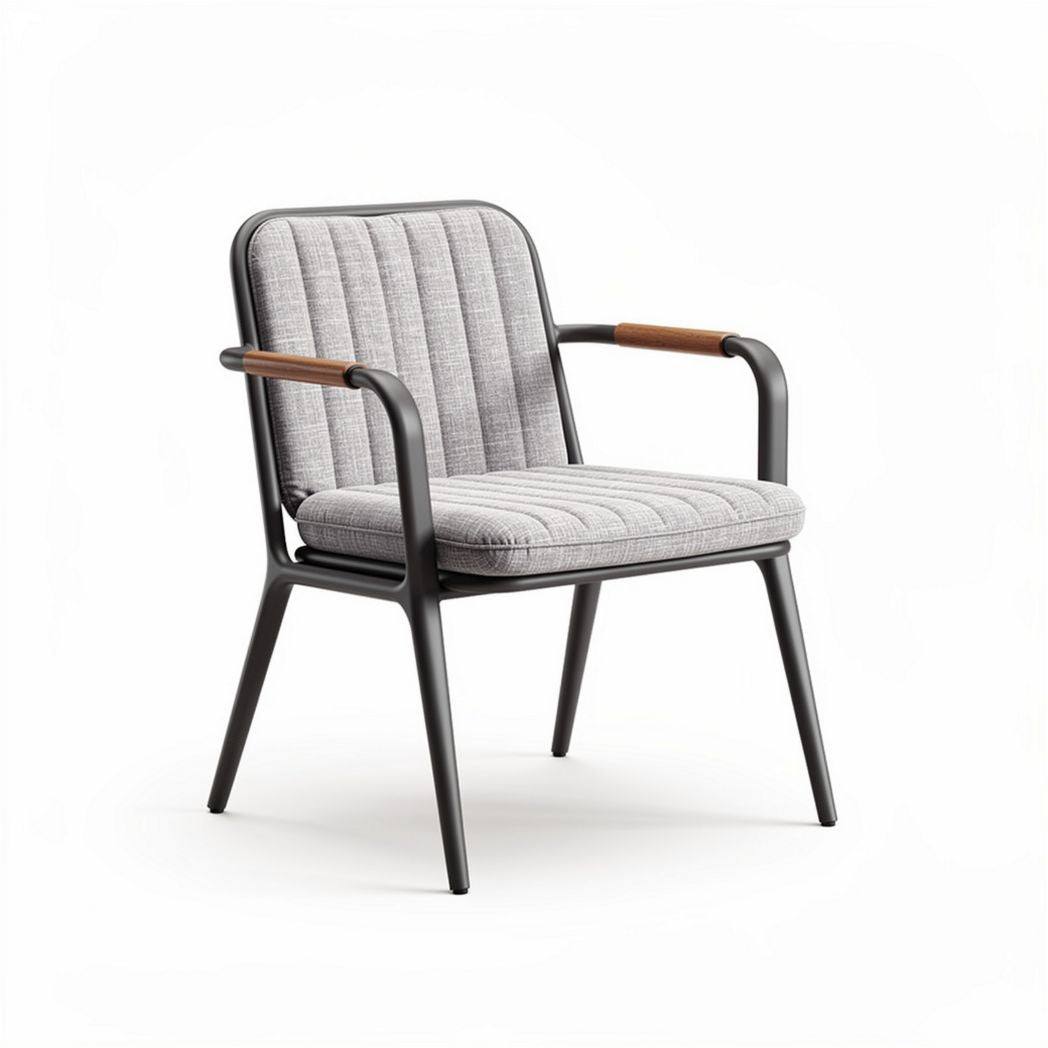 Metal frame accent chair with gray padded upholstery and wooden armrests