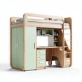 Loft bed with desk storage and wardrobe in natural wood and green finish