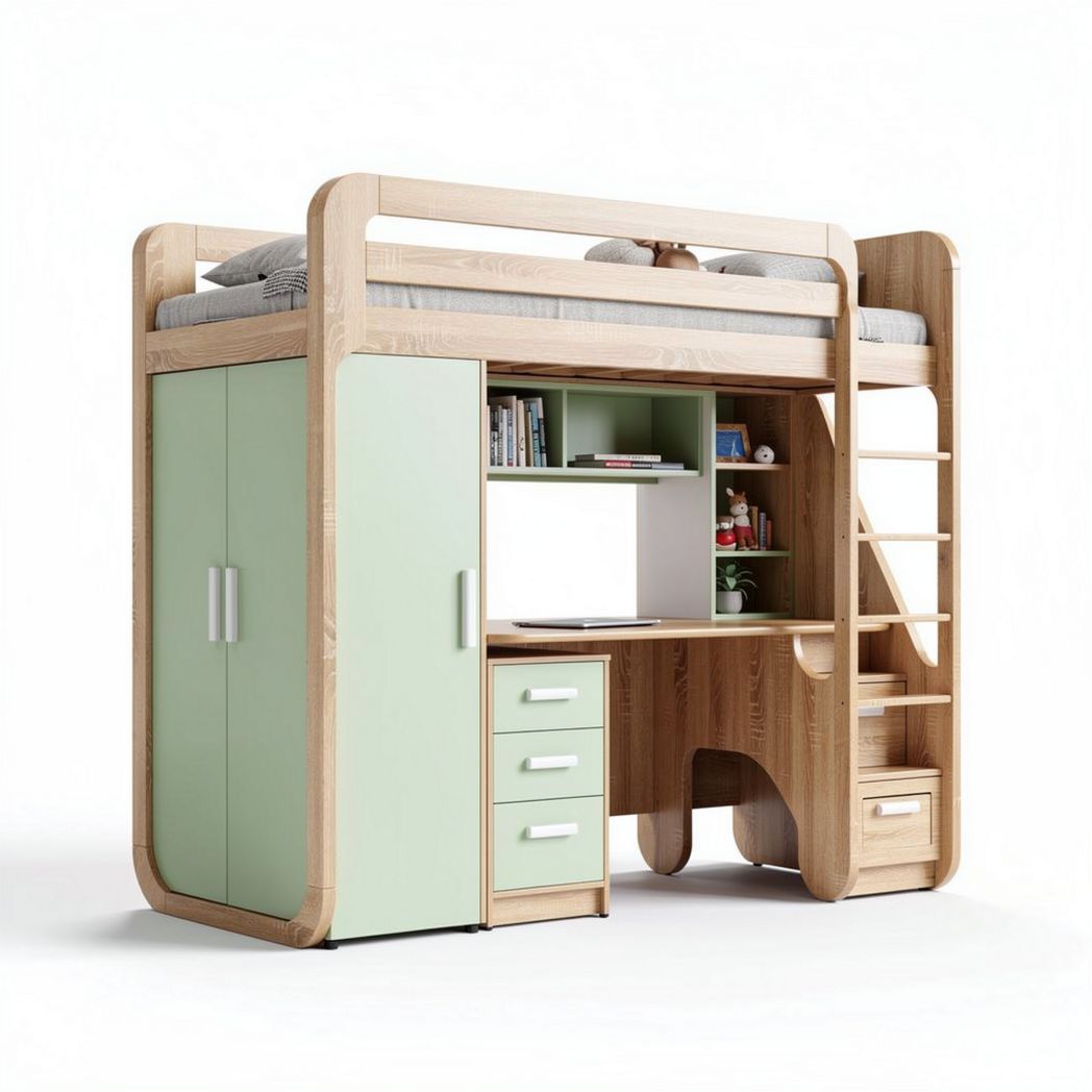 Loft bed with desk storage and wardrobe in natural wood and green finish