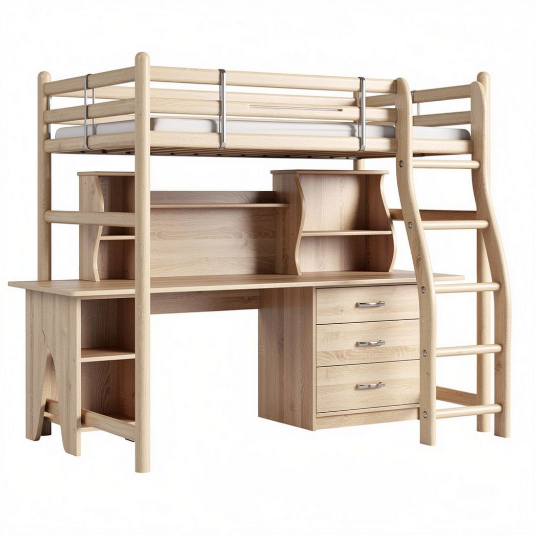 Lofted bunk bed with desk and storage in natural wood finish 200 x 100 x 180cm
