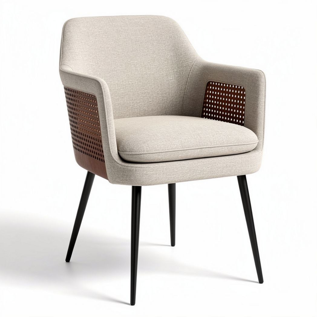 Upholstered armchair with woven back and wooden accents in light gray 60 x 60 x 80cm