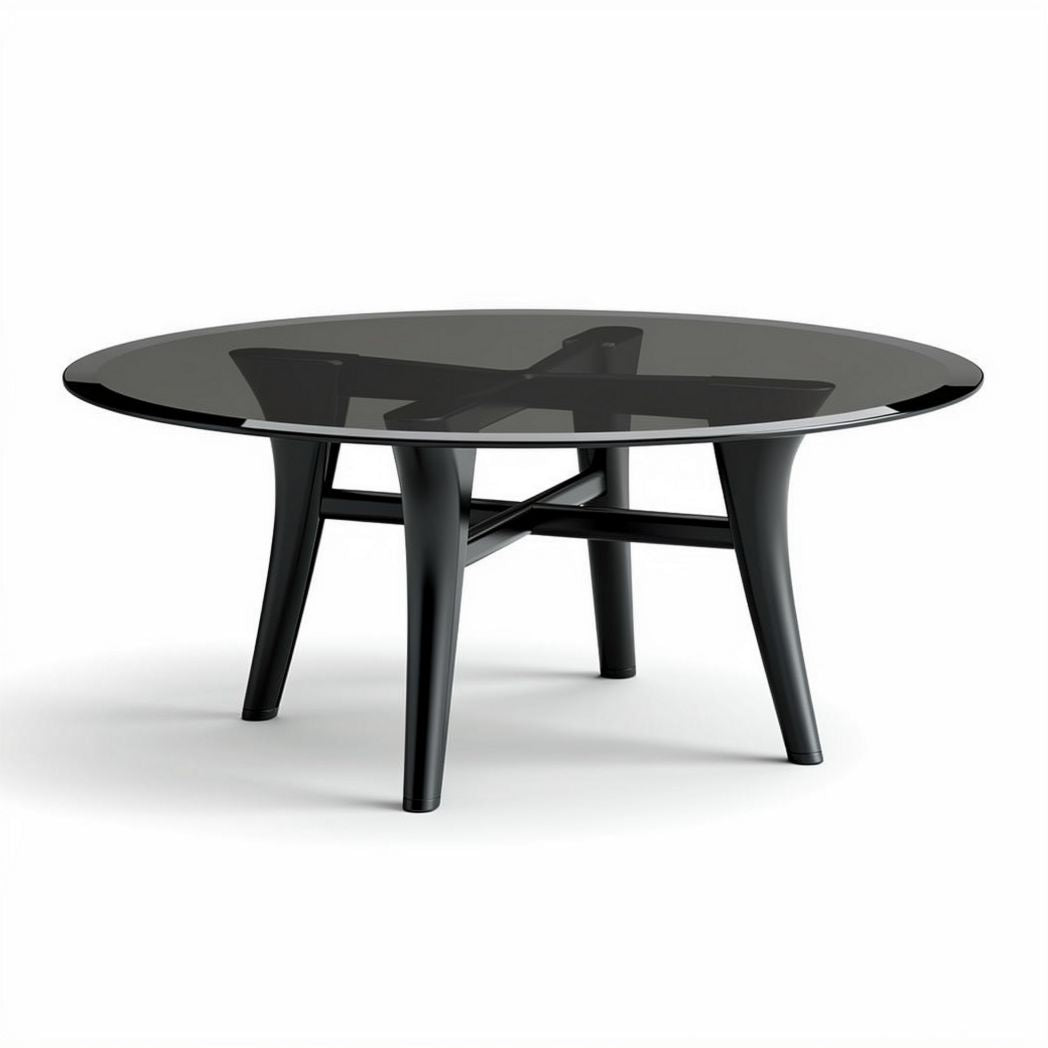 Round coffee table with black glass top and sleek black legs 90 x 90 x 30cm